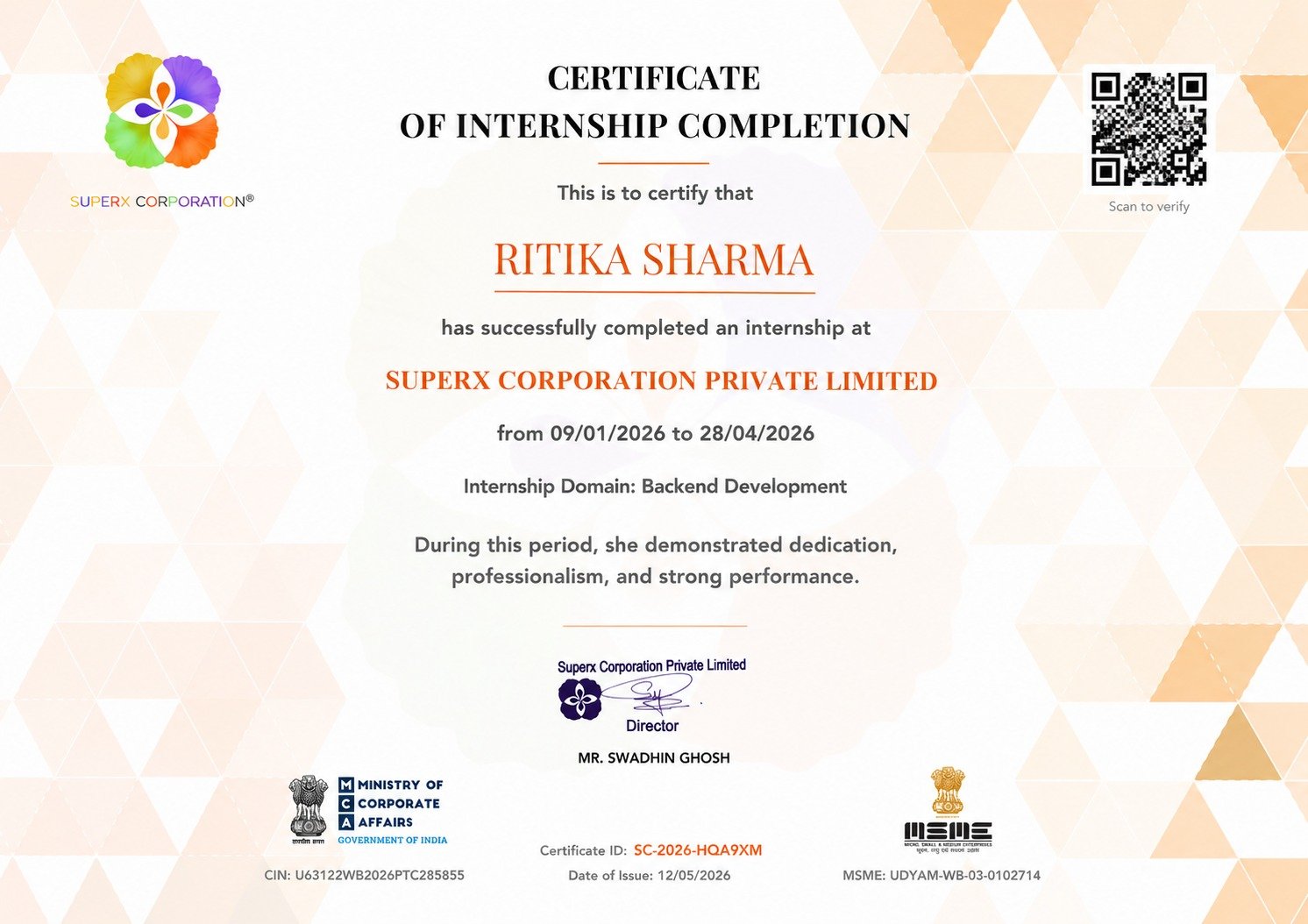 SuperX internship completion certificate
