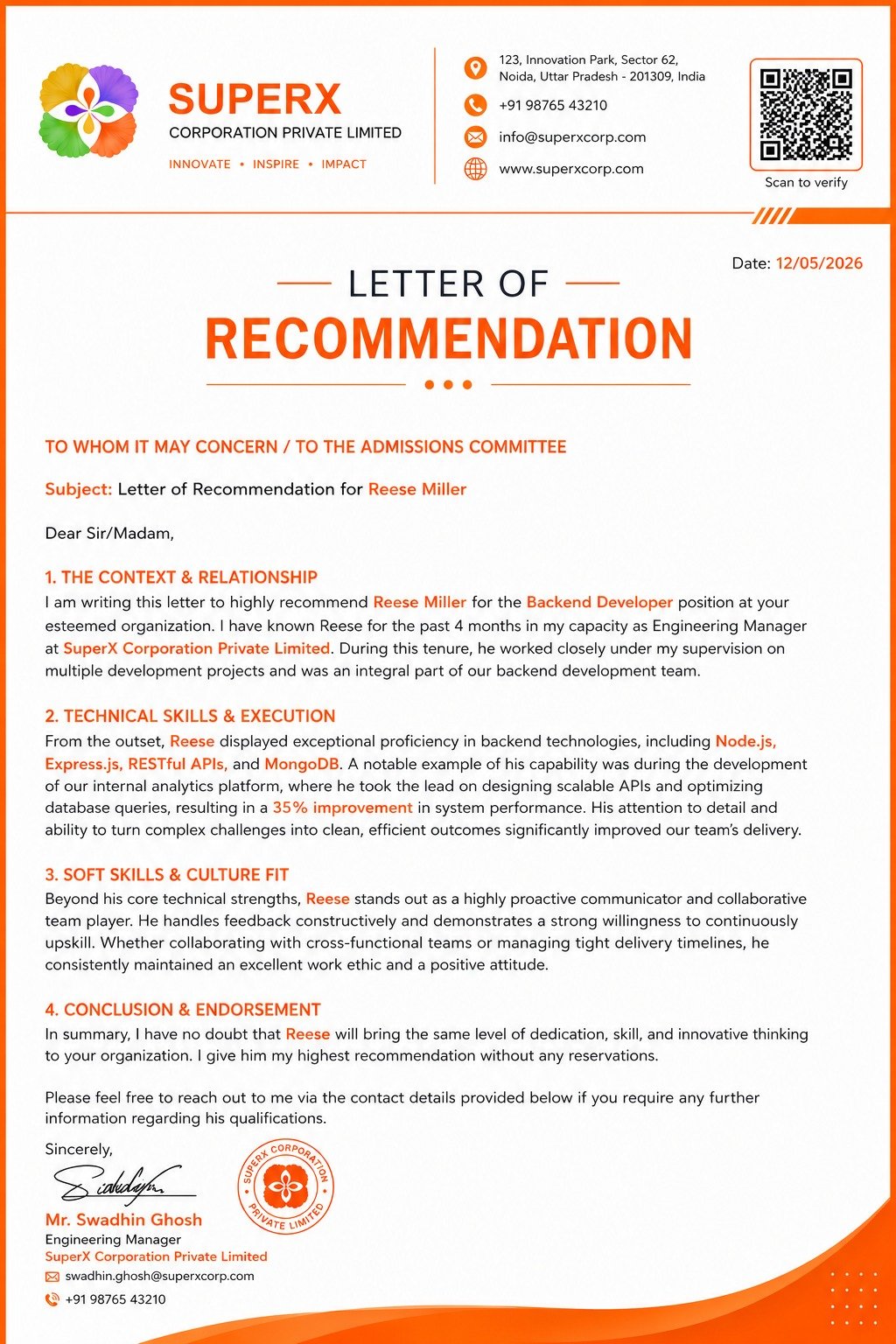SuperX letter of recommendation